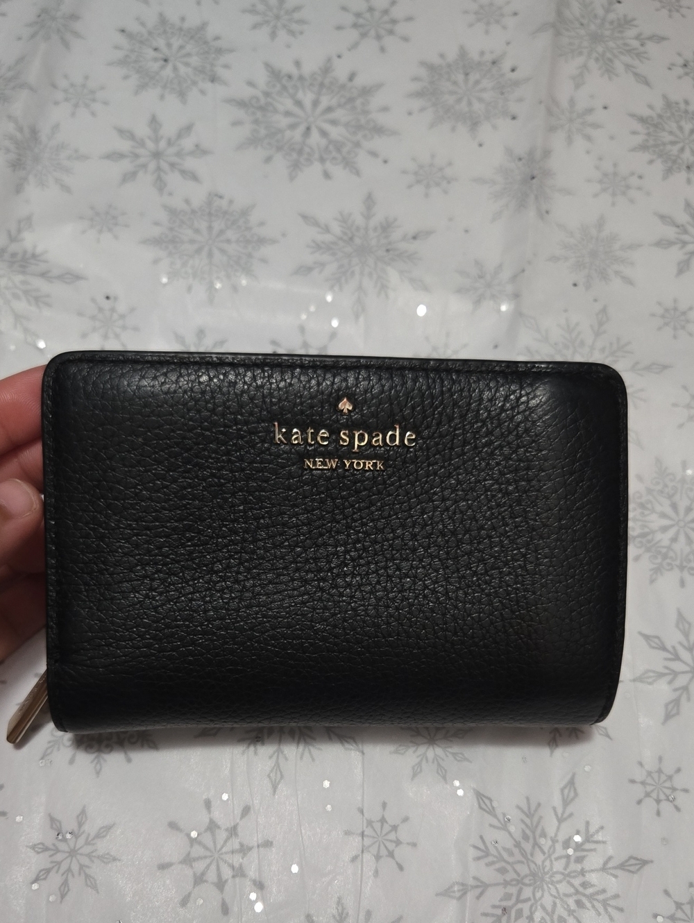 kate spade Black Pebbled Leather Zip Card Holder with Gold Logo
